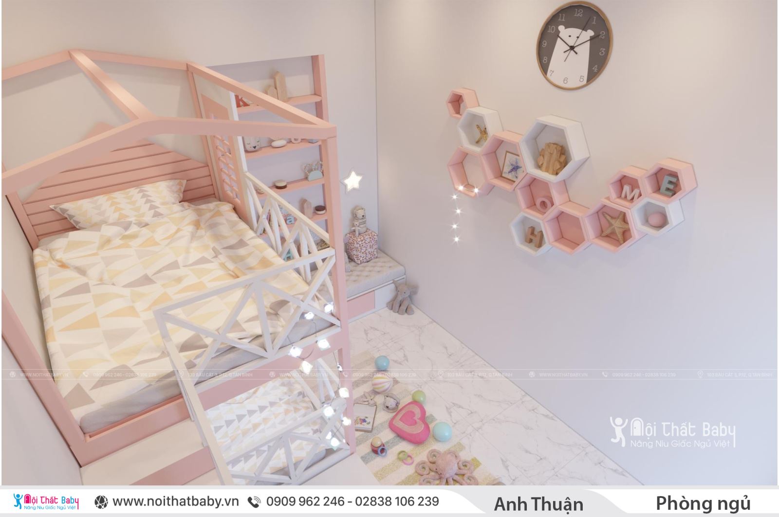 Phòng ngủ bé gái màu hồng - Giường tầng đa năng